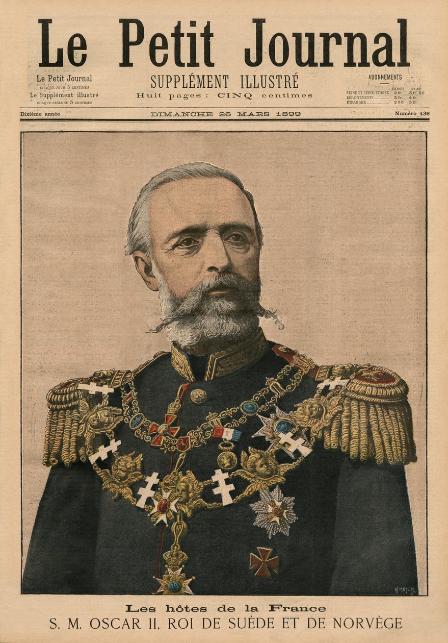 Franska värdar: Hans Majestät Oscar II, Sveriges och Norges kung, illustration på framsidan av "Le Petit Journal", supplement illustre, 26 mars 1899 (coulor lito). av Fortune Louis Meaulle and Henri Meyer