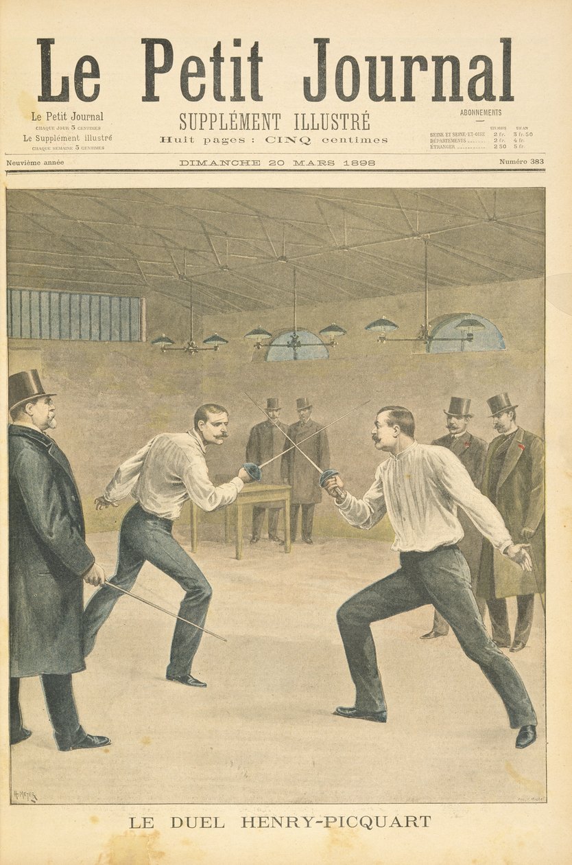 Titelsida med en bild av duellen mellan Henry-Picquart, officerare som möttes under Dreyfus-affären, illustration från det illustrerade tillägget till Le Petit Journal, 20 mars 1898. av Fortune Louis Meaulle and Henri Meyer