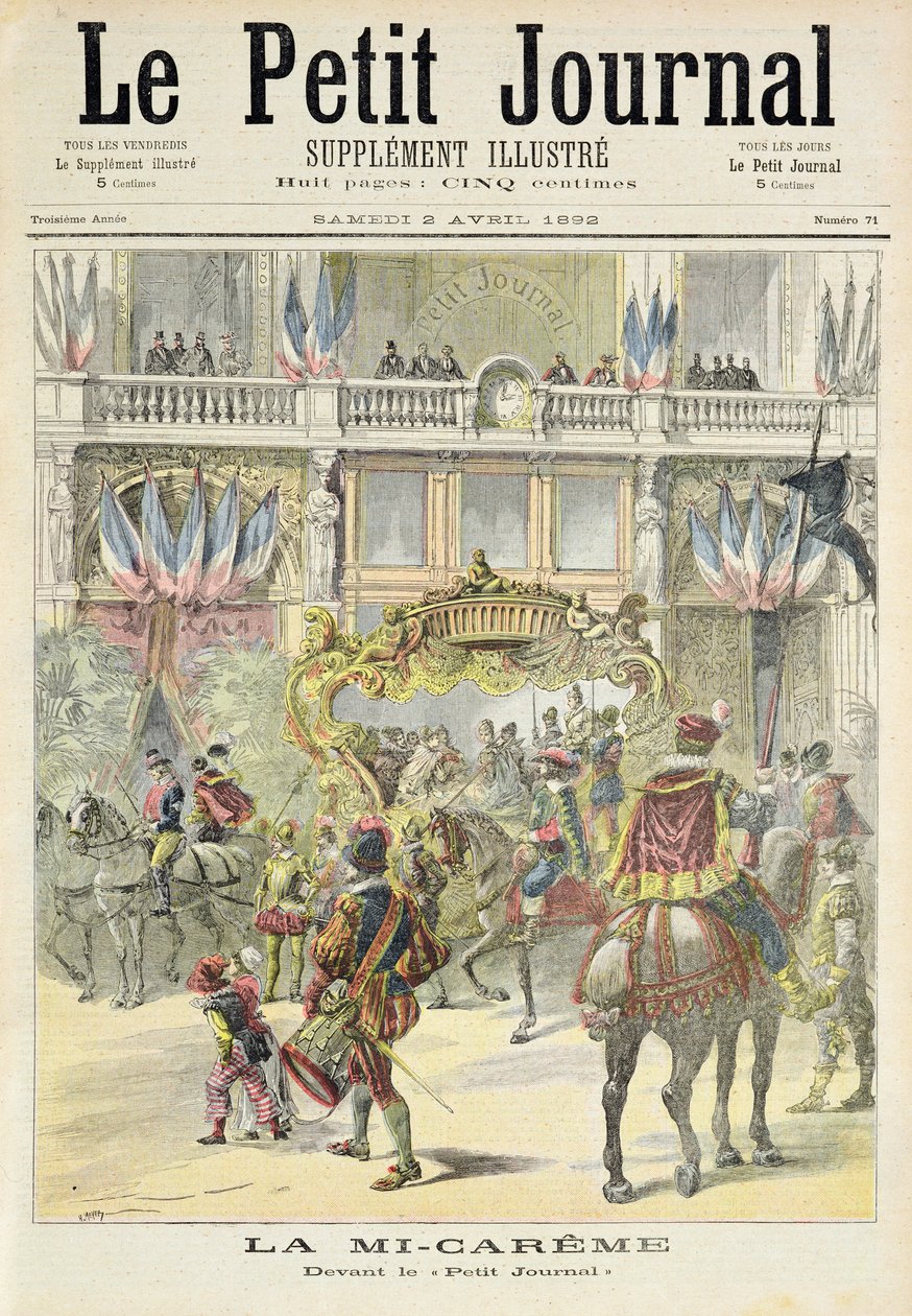 Titelsida som visar paraden i mitten av fastan framför Petit Journals kontor, illustration från det illustrerade tillägget till Le Petit Journal, 2 april, 1892 av Fortune Louis Meaulle and Henri Meyer
