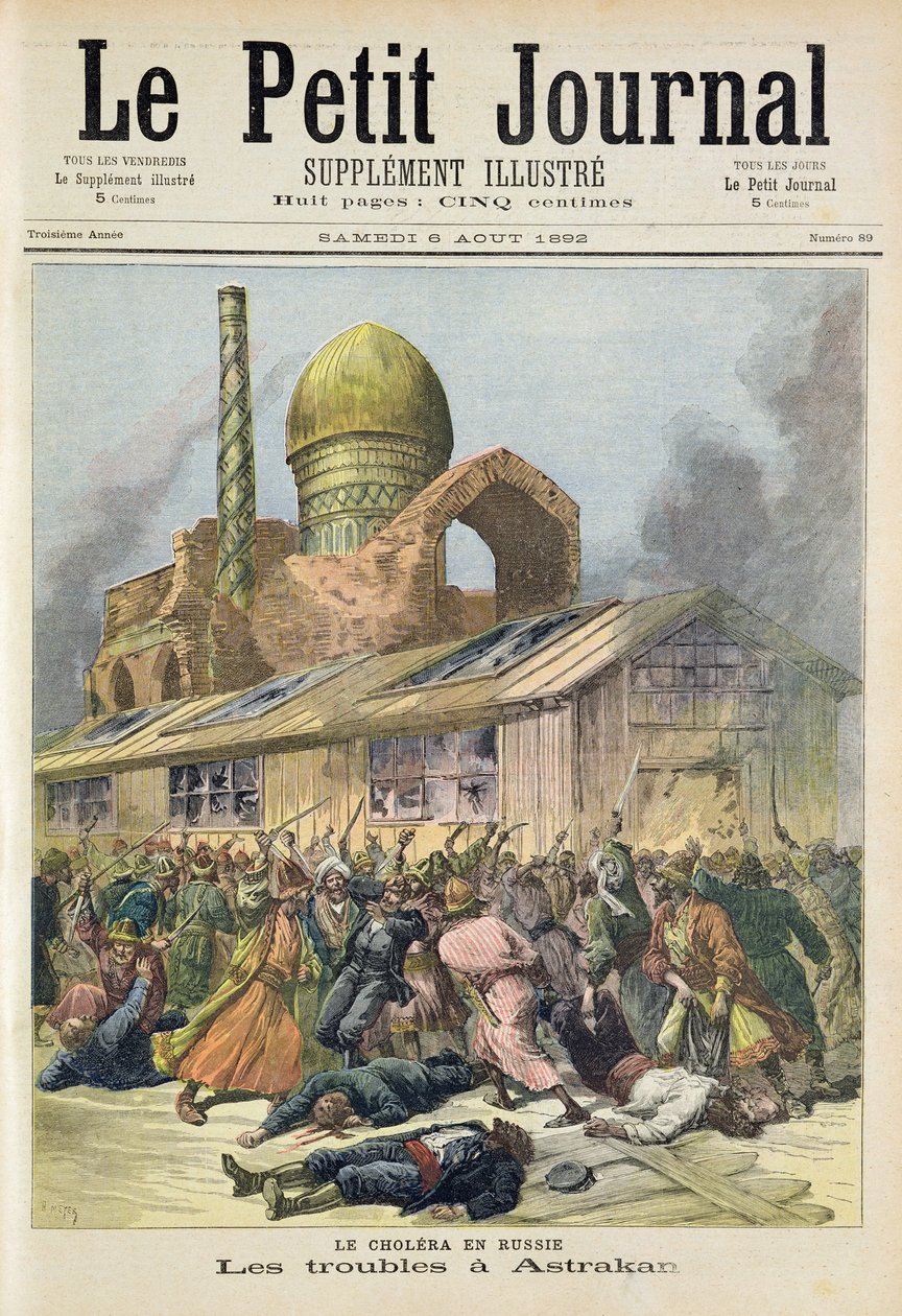 Titelsida med en bild av oroligheterna i Astrachan under kolerans tid i Ryssland, illustration från den illustrerade bilagan till Le Petit Journal, 6 augusti 1892. av Fortune Louis Meaulle and Henri Meyer