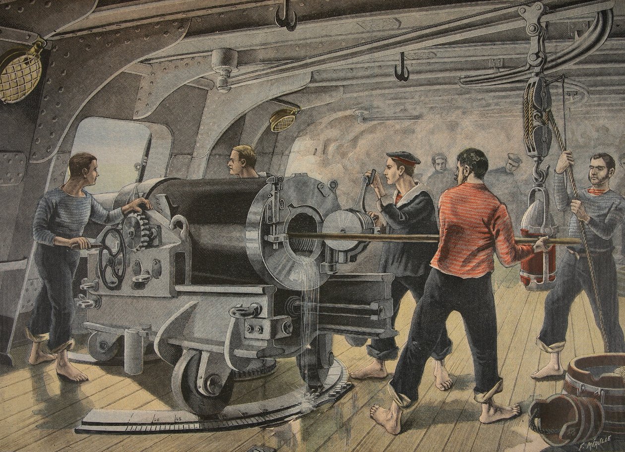 Manövrering av en kanon av de spanska marinsoldaterna framför Santiago, Kuba, illustration från 