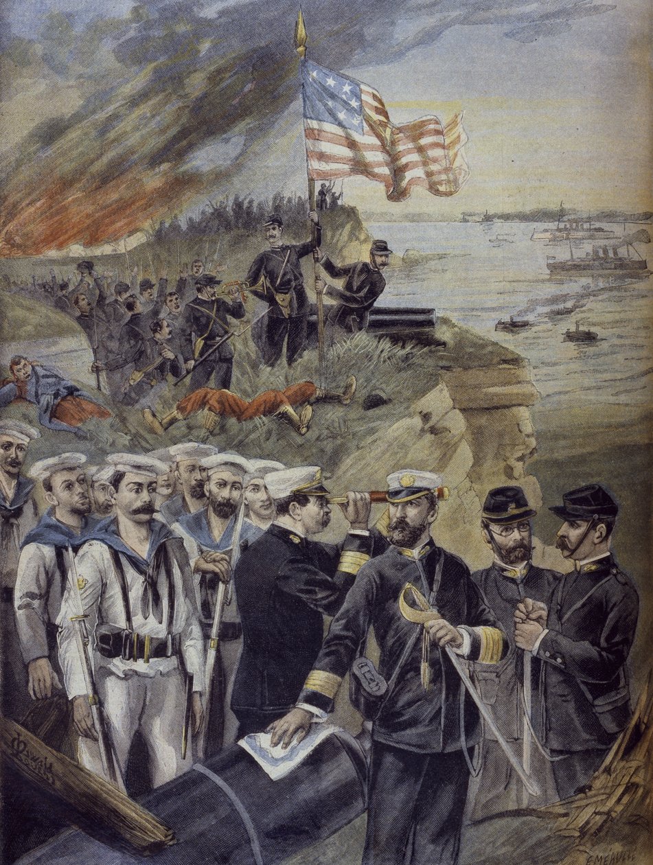 Spansk-amerikanska kriget, landstigning i Guantanamo, Kuba, illustration från "Le Petit Journal", Supplement illustre, 3 juli 1898 av Fortune Louis Meaulle