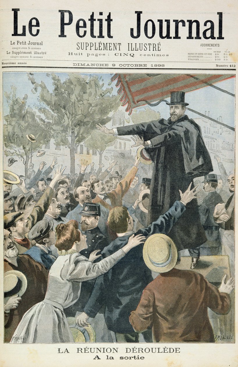 Titelsida som visar mötet med Deroulede, illustration från den illustrerade bilagan till Le Petit Journal, 9 oktober 1898 (lito i färg) av Fortune Louis Meaulle