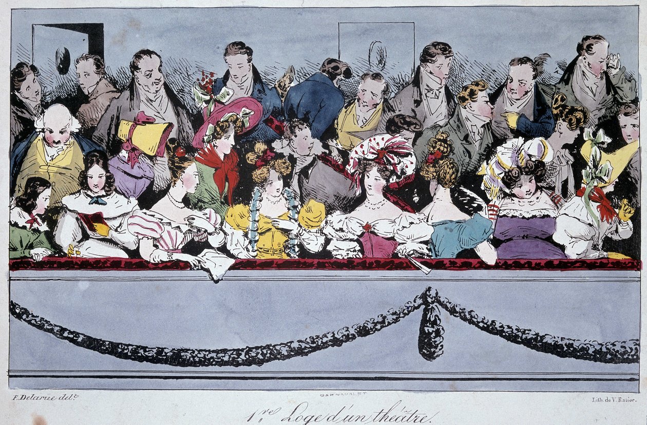 Den första logen av en teater på 1800-talet - litografi av Fortune (after) Delarue