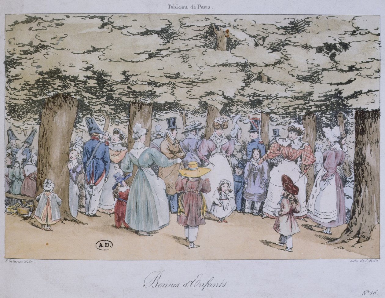 Barn och barnflickor i parken, från Tableau de Paris-serien, graverad av C. Motte, 1827 av Fortune Delarue