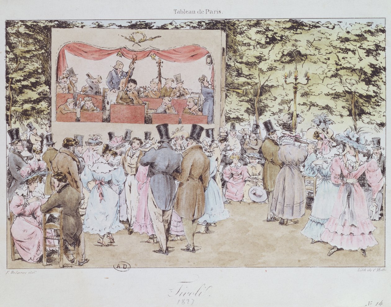 Musikunderhållning i New Tivoli, Paris, graverad av C. Motte, 1827 av Fortune Delarue