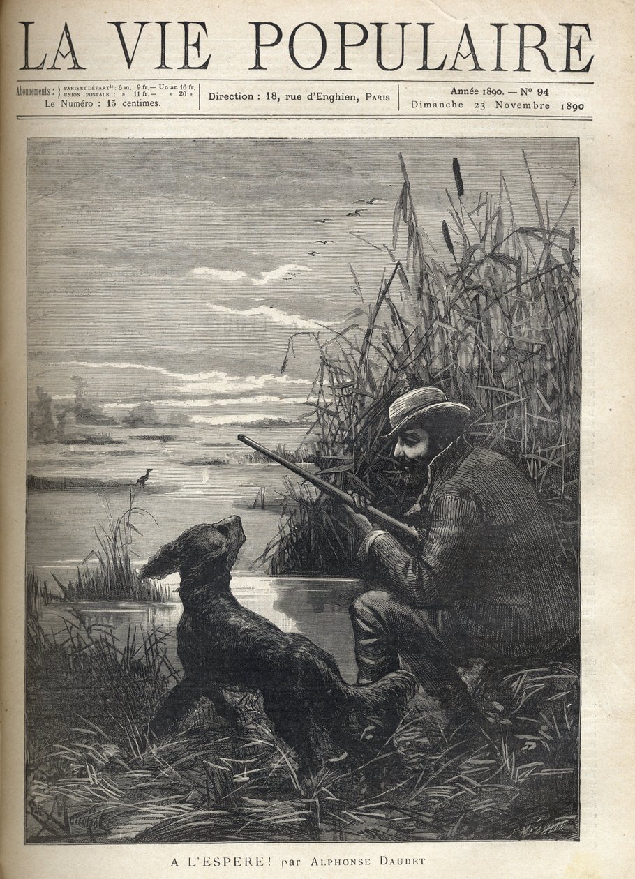 En fågeljägare tittar i ett träsk med sin hund. Illustration av F. Meaulle för "" Hopefully! "" av Alphonse Daudet (1840-1897). Gravyr från 1890 i "La vie populaire". Privat samling av Fortune Louis Meaulle