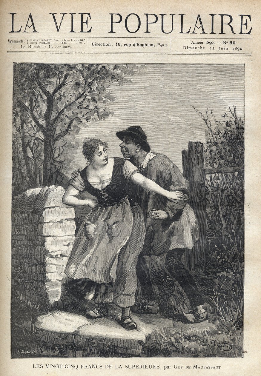 Ett par bönder, mannen i blus och hov, hoppade den unga kvinnan som knuffade tillbaka honom med ett leende och ljus. Illustration av E. Bertin för Les tjugofem francs de la superieure av Guy de Maupassant (1850-1893). Gravyr av Fortune Meaulle (184 av Fortune Louis Meaulle