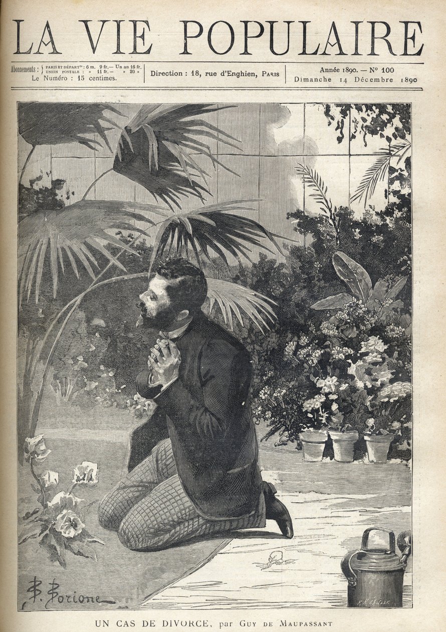 En desperat man ber på knä i ett växthus. Illustration av F. Meaulle efter B. Borione för "A case of divorce" av Guy de Maupassant (1850-1893). Gravyr från 1890 i "La vie populaire". Privat samling av Fortune Louis Meaulle