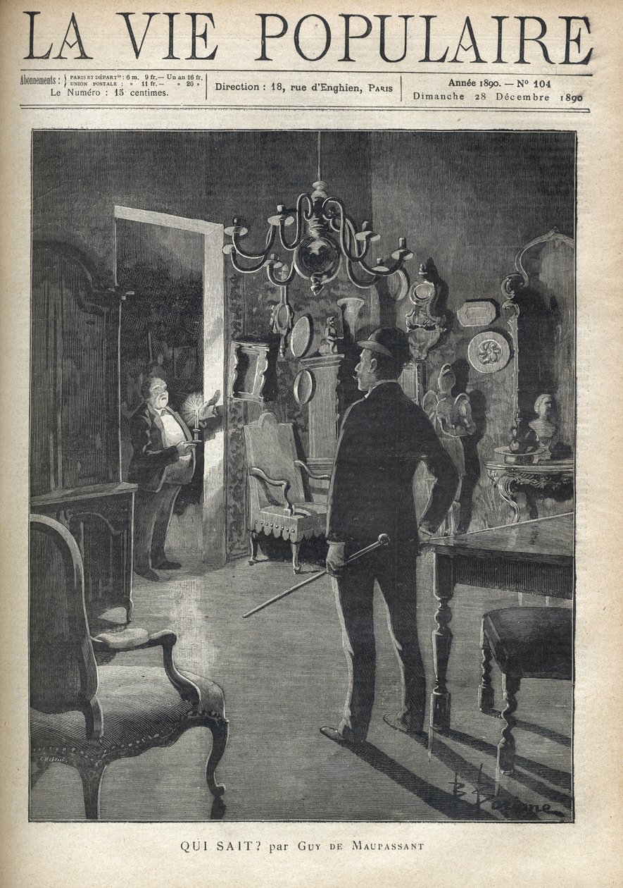 En man överraskar en inkräktare hemma mitt i natten. Illustration av F. Meaulle efter B. Borione för "" Vem vet? "" av Guy de Maupassant (1850-1893). Gravyr från 1890 i "La vie populaire". Privat samling av Fortune Louis Meaulle