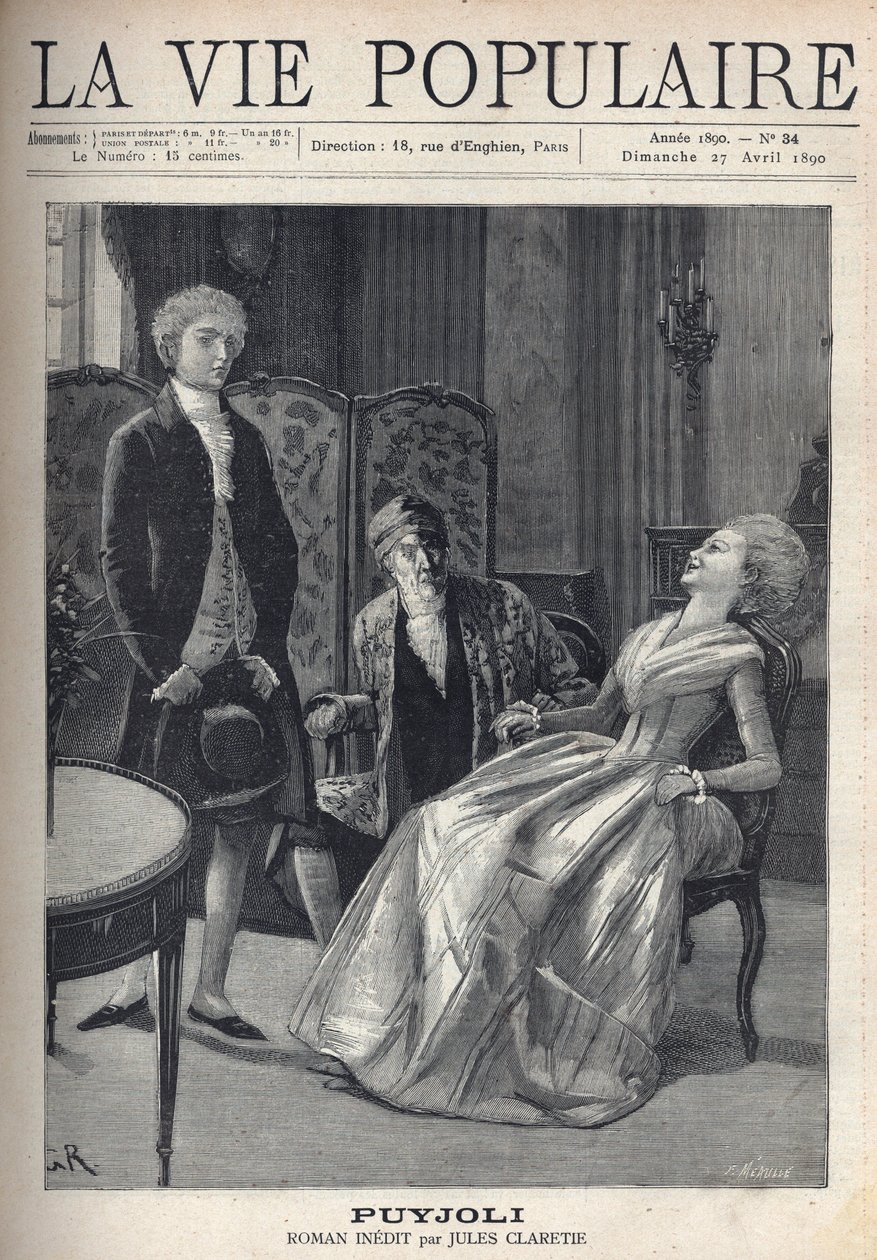 En ganska blond ung man, som ser dåligt ut, efter att precis ha friat, ser flickan fångas med ett skratt, vält över på hennes stol, under hennes fars ebahis ögon. Illustration för Puyjoli av Jules Claretie (1840-1913). Gravyr av Fortune Meaulle (184 av Fortune Louis Meaulle
