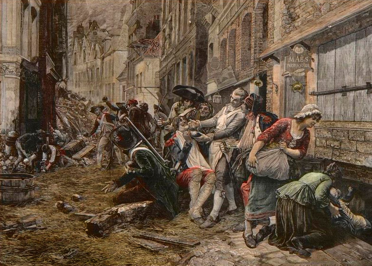 En belägringsavsnitt i Lille, oktober 1792 - Siege de Lille en 1792: peruken Maes använder ett bombskal som skäggskål för att raka en klient - gravyr av Meaulle efter Gaston Melingues målning av Fortune Louis Meaulle
