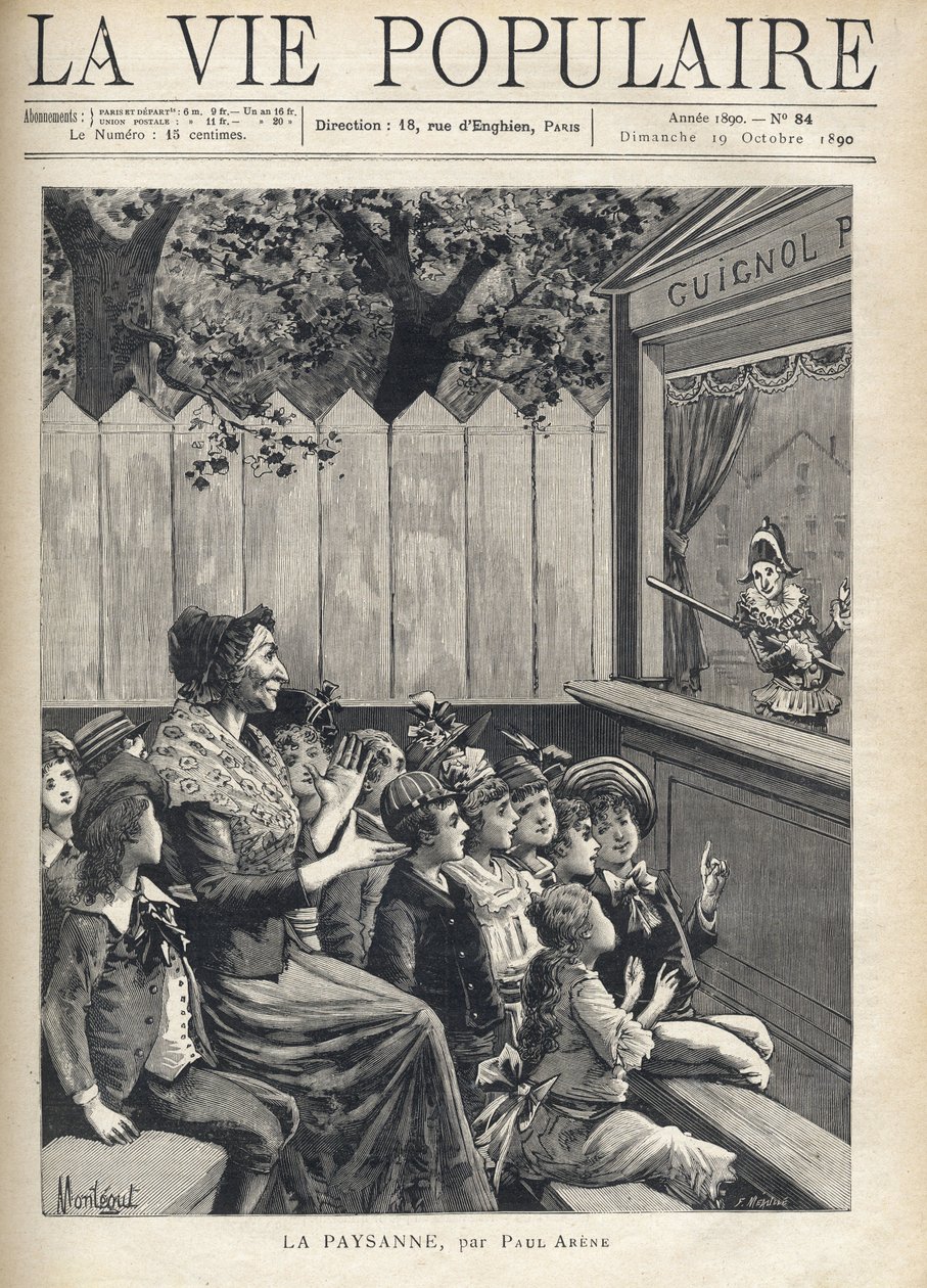 En kvinna mitt i en grupp barn applåderar en dockteater (Guignol). Illustration av Fortune Meaulle av Montegut för "The peasant" av Paul Arene (1843-1896). Gravyr i "La vie populaire" av Fortune Louis Meaulle