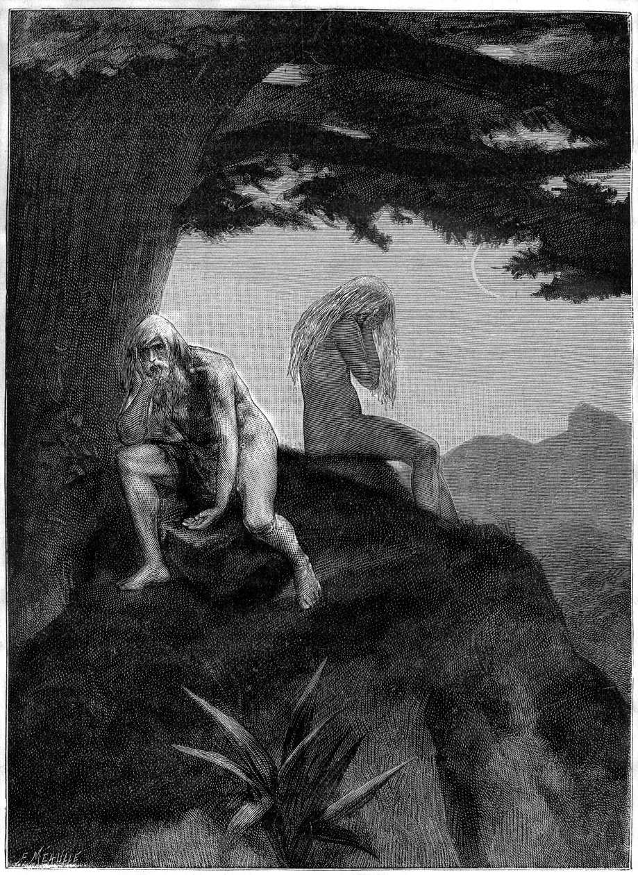 Adam och Eva. Teckning av gravar av Meaulle, illustration till Victor Hugos dikt "Les misheureux", i samlingen "Les contemplations", Paul Ollendorffs utgåva, början av 1900-talet. av Fortune Louis Meaulle