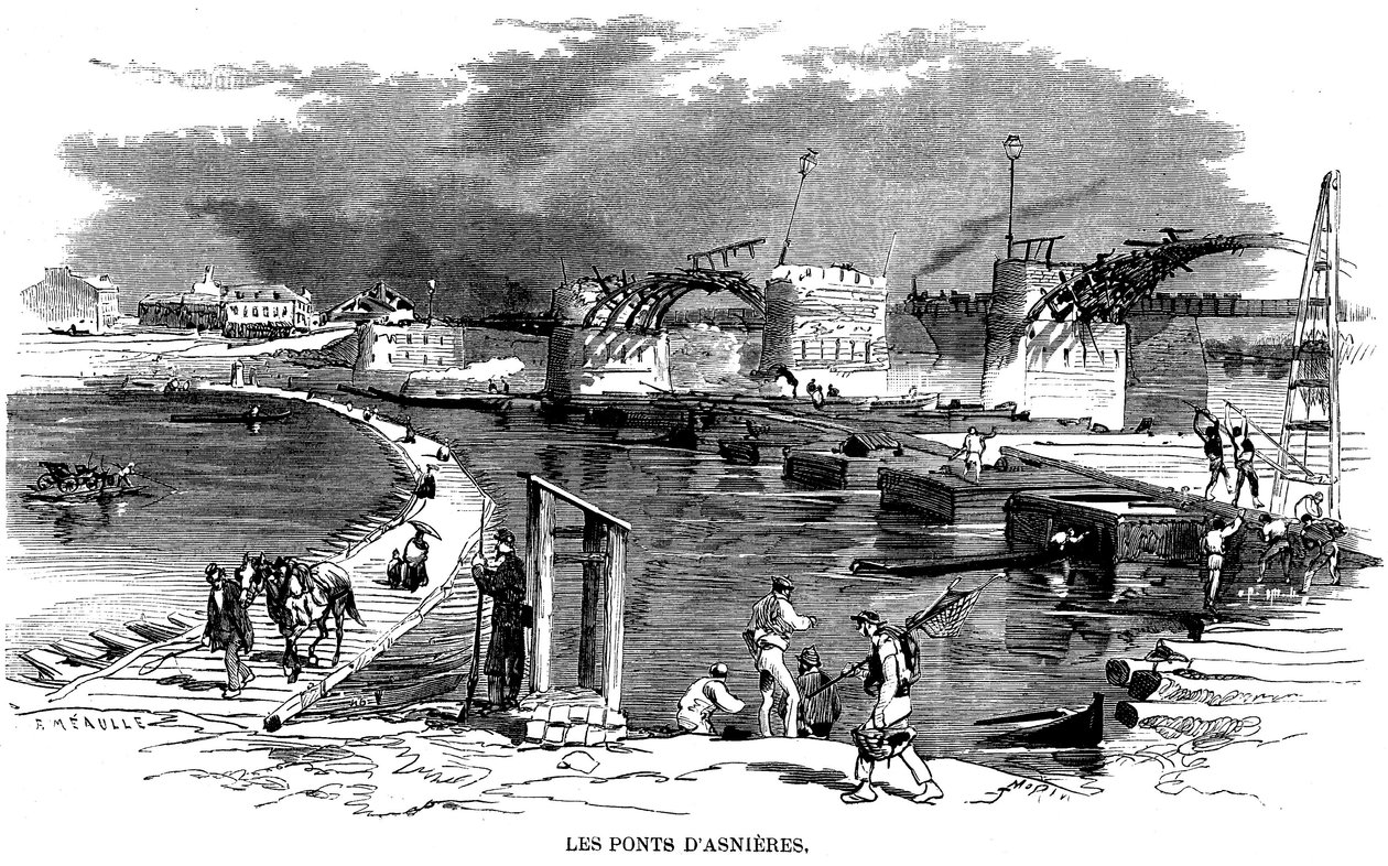 Efter branden av bron i Asnieres under belägringen av Paris 1870 installerades en båtbro (båtbro) - på denna gravyr av Meaulle (cirka 1870), en annan träkonstruktion bredvid bron detruit - Commune de Paris - av Fortune Louis Meaulle