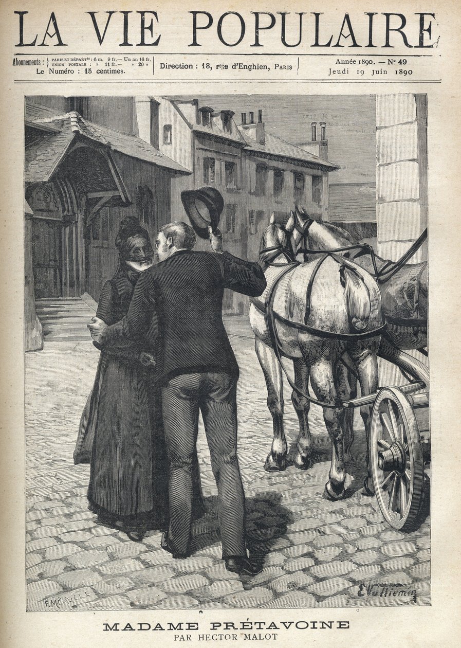 En pigg och livlig ung man, som kommer ut ur en bil som åker på stentorget i en provinsstad, omfamnar ivrigt sin gamla mor, värdig, beslöjad och klädd i svart, och lyfter på halva sin runda hatt. Illustration av E. Vulliemin för Madame Pretavoine av Hecto av Fortune Louis Meaulle