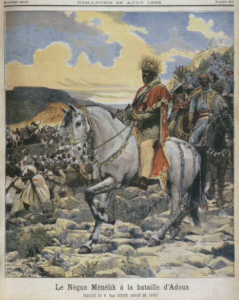 Black of Etiopia, Menelik II (1844-1913) vid slaget vid Adowa, illustration från 