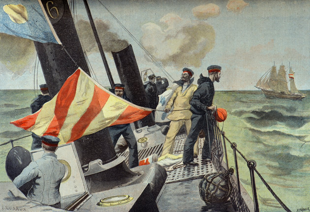 Kapning av ett spanskt handelsfartyg, spansk-amerikanska kriget 1898 (Gravyr) av Fortune Louis Meaulle