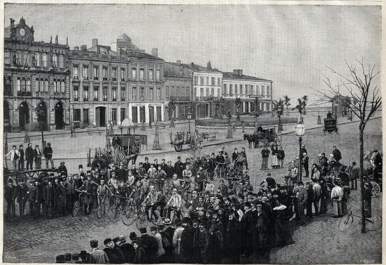 Avresa från cykelloppet Bordeaux-Paris (Bordeaux Paris) 1891 - gravyr av Meaulle från 1891 av Fortune Louis Meaulle