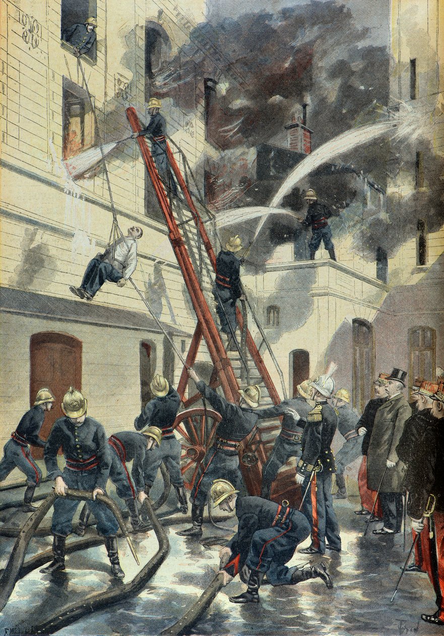 Felix Faure deltar i utbildningen av brandkåren i Paris 1898 (Gravyr) av Fortune Louis Meaulle