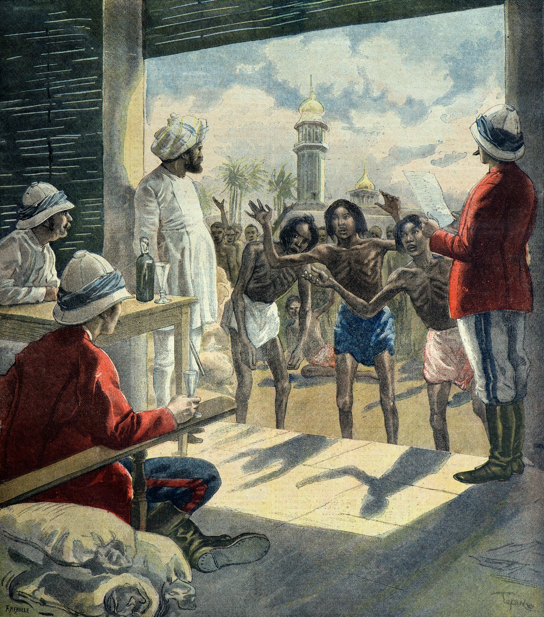 Hinduer ber engelsmännen om hjälp under den stora hungersnöden 1896 - 1897 (Gravyr) av Fortune Louis Meaulle