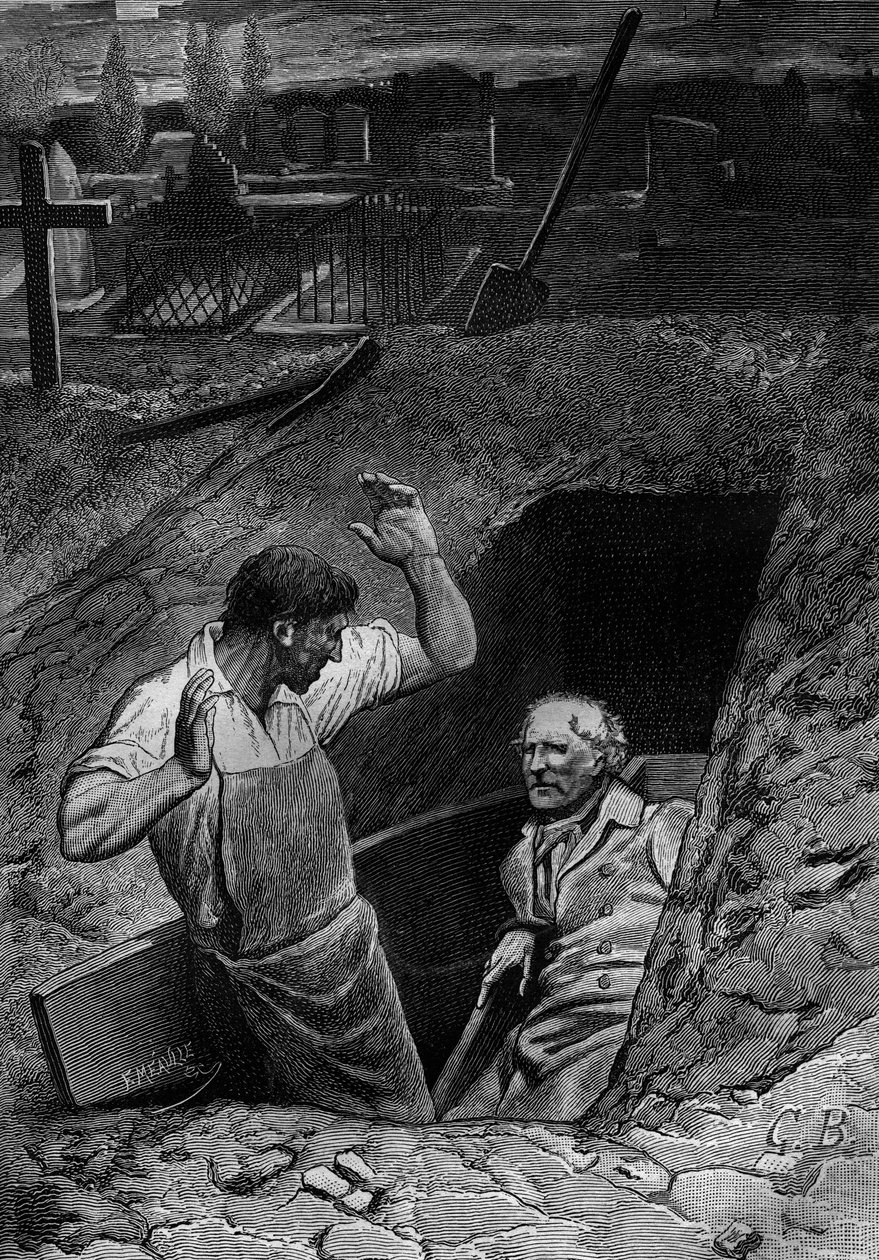 Illustration till romanen "Les Miserables" av Victor Hugo (2:a delen: Cosette), gravyr av Meaulle: Fauchelevent och Jean Valjean av Fortune Louis Meaulle