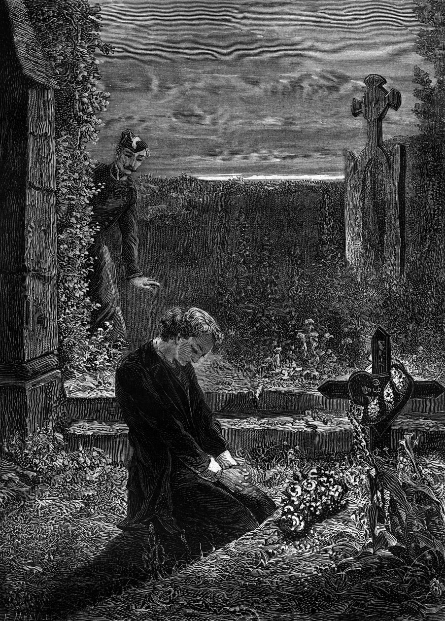 Illustration till romanen "Les Miserables" av Victor Hugo (3:e delen: Marius), gravyr av Meaulle: Marius av Fortune Louis Meaulle