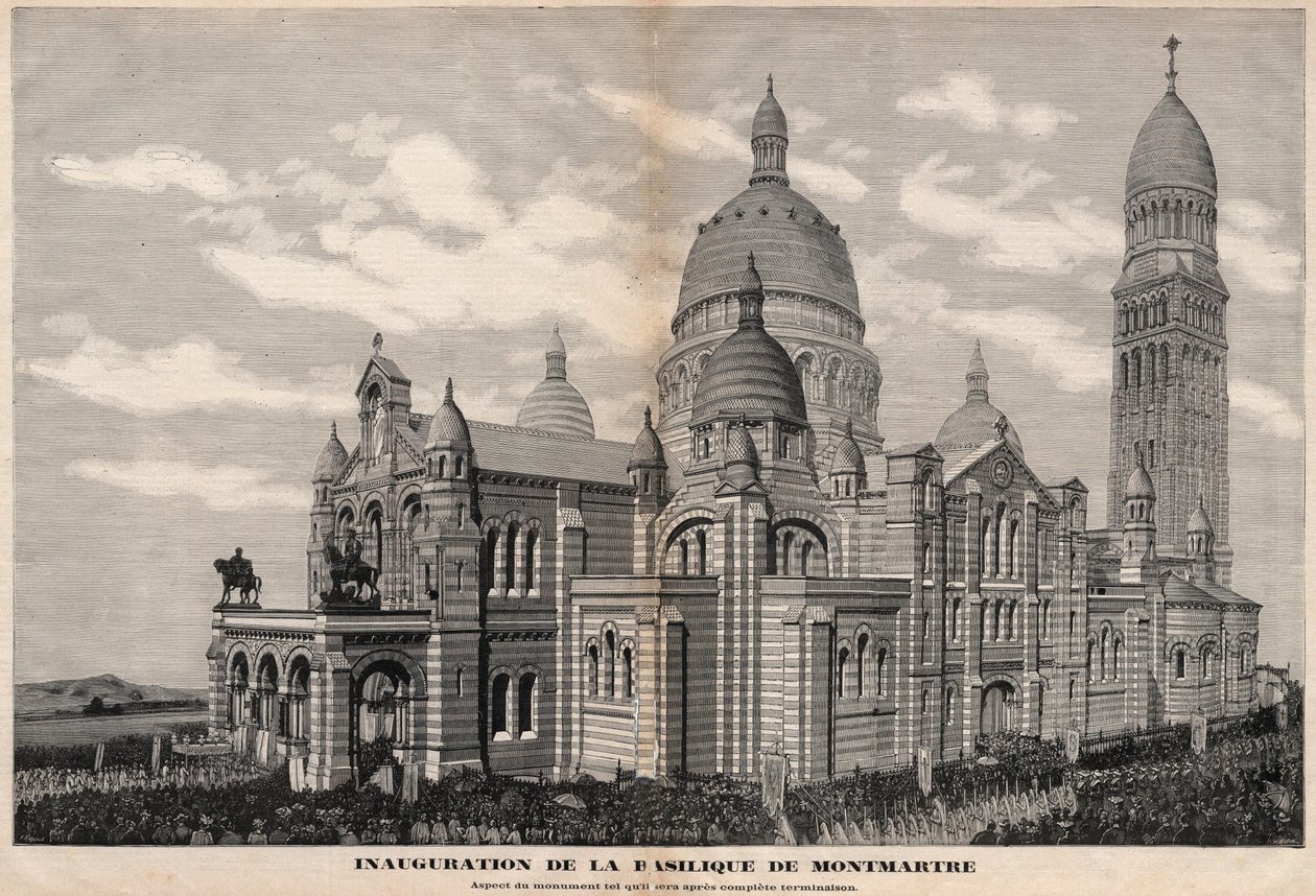 Invigning av basilikan Sacré-Coeur i Montmartre 1891 (monumentets utseende som det kommer att bli efter fullständigt färdigställande) - Gravyr av Meaulle 1891 av Fortune Louis Meaulle