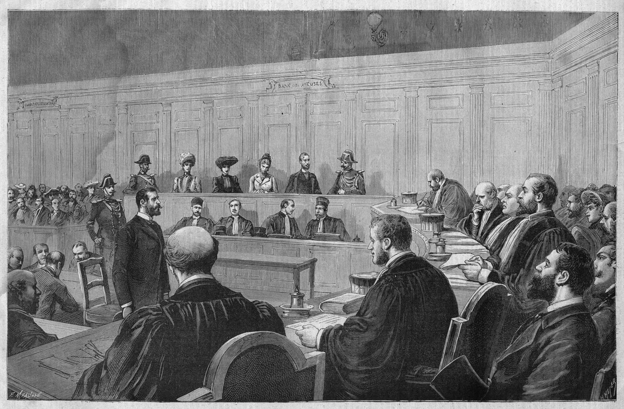 Toulon-skandalen 1891: Fouroux-affären - Jonquieres - rättssalen, vittnesmål - Gravyr av Meaulle i "Le journal illustrious"" från 1891 av Fortune Louis Meaulle