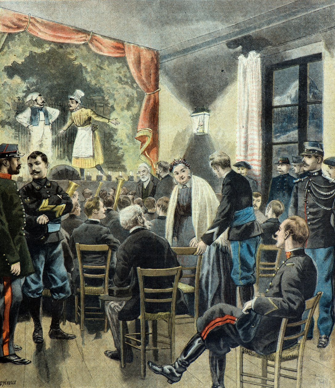 Le theatre aux armeses , föreställning av alpina jägare av Fortune Louis Meaulle
