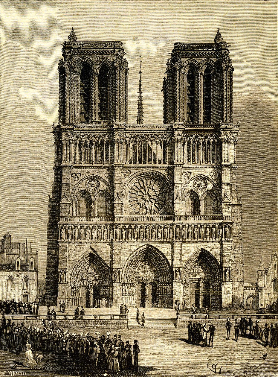 Notre Dame de Paris (Notre-Dame) år 1482: västra fasaden och parvis. Gravyr av F. Meaulle, efter en teckning av Viollet le Duc (Viollet-le-Duc) som illustrerar romanen med samma namn av Victor Hugo, edition Ollendorff början av 1900-talet. Längst ner till  av Fortune Louis Meaulle