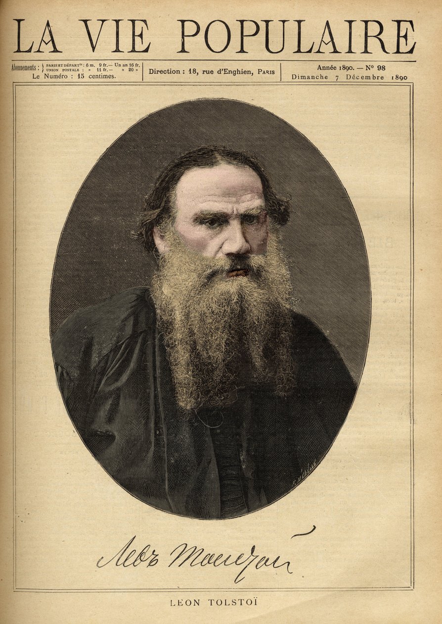 Porträtt av Leon Tolstoi (1828-1910), rysk författare. Illustration av F. Meaulle. Gravyr från 1890 i "La vie populaire". Privat samling av Fortune Louis Meaulle