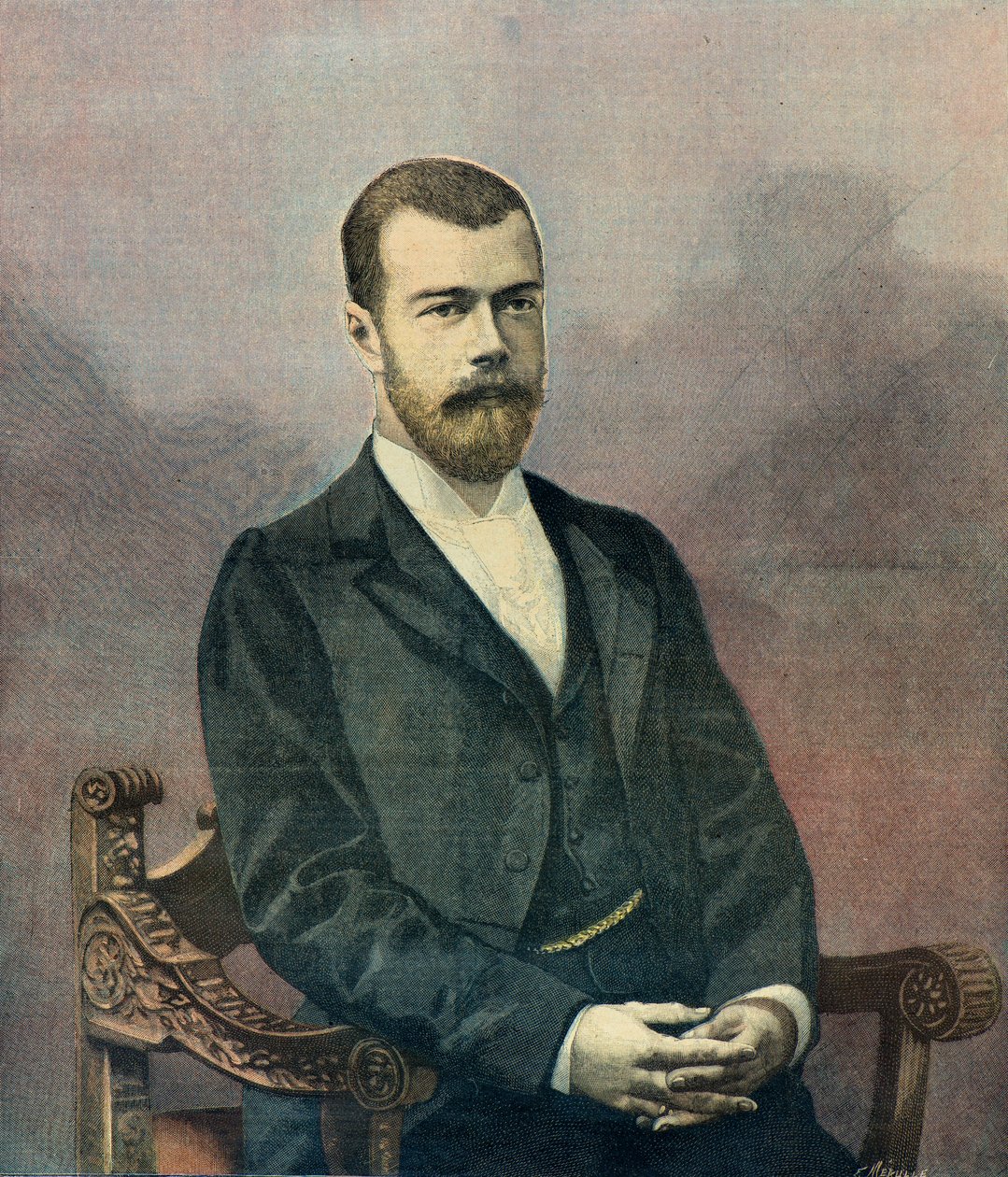 Porträtt av tsar Nikolaj 2 år 1896 (Gravyr) av Fortune Louis Meaulle