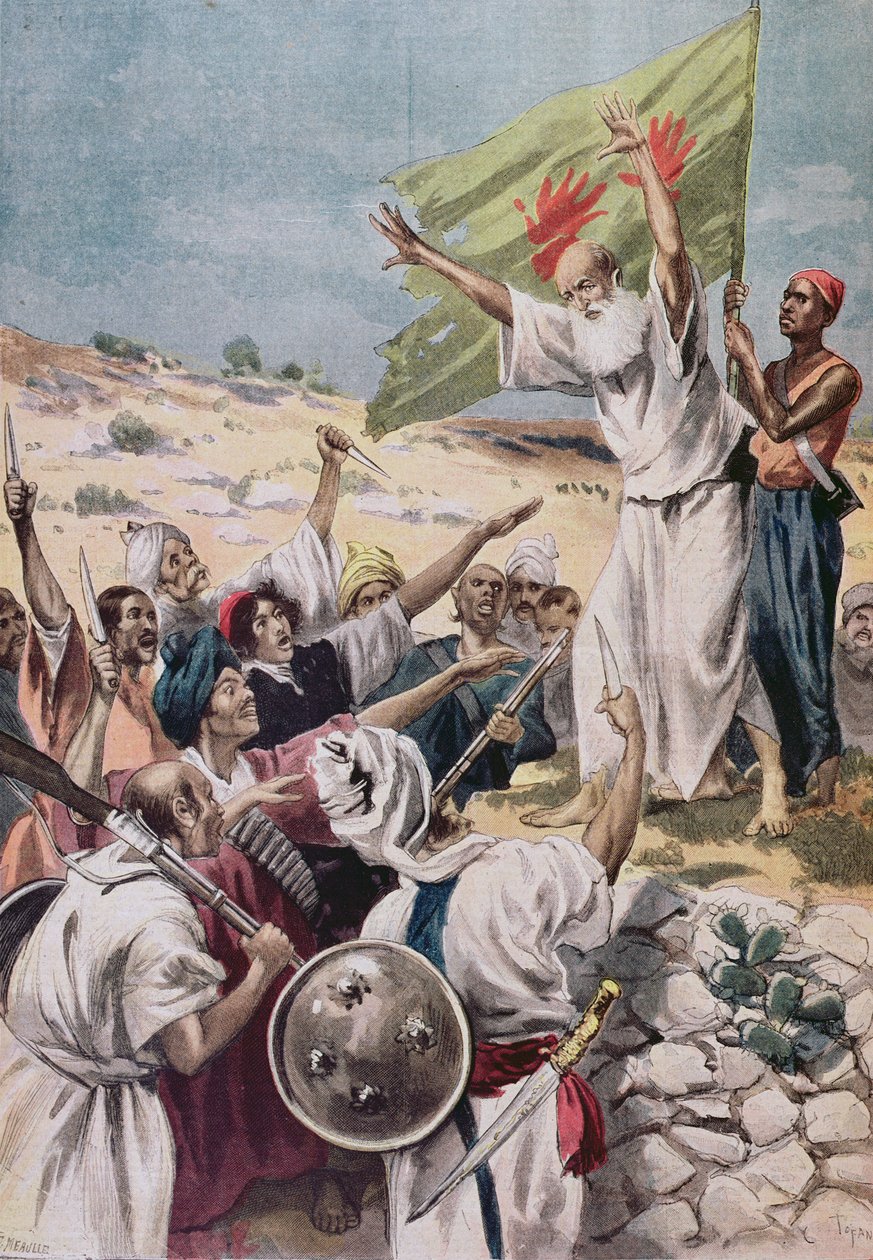 Predikar "Heligt krig" under ett uppror i Brittiska Indien, illustration från "Le Petit Journal", 1897 av Fortune Louis Meaulle