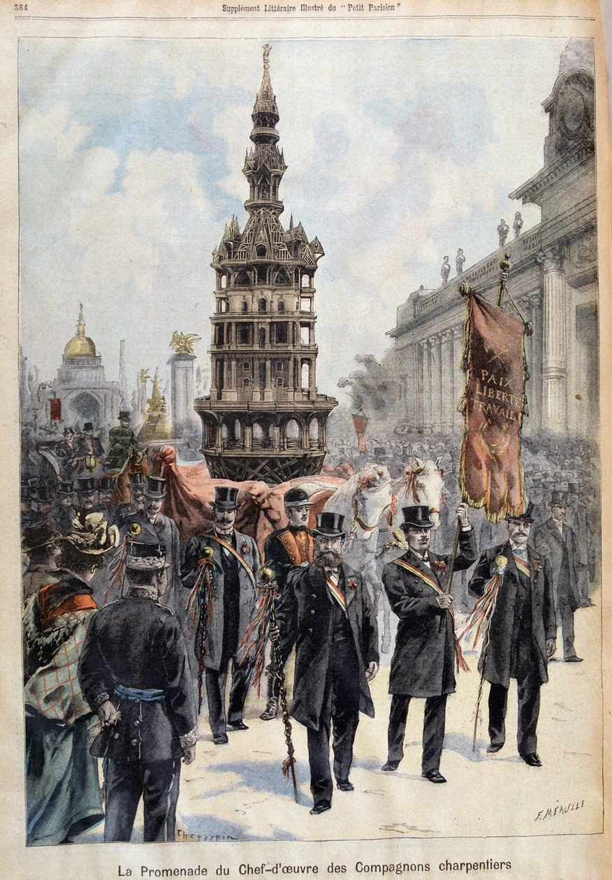 Promenad av mästerverket av Companion Carpenters, graverad av Fortuné Louis Méaulle (1844–1916), sent 1800-tal (färg litho) av Fortune Louis Meaulle