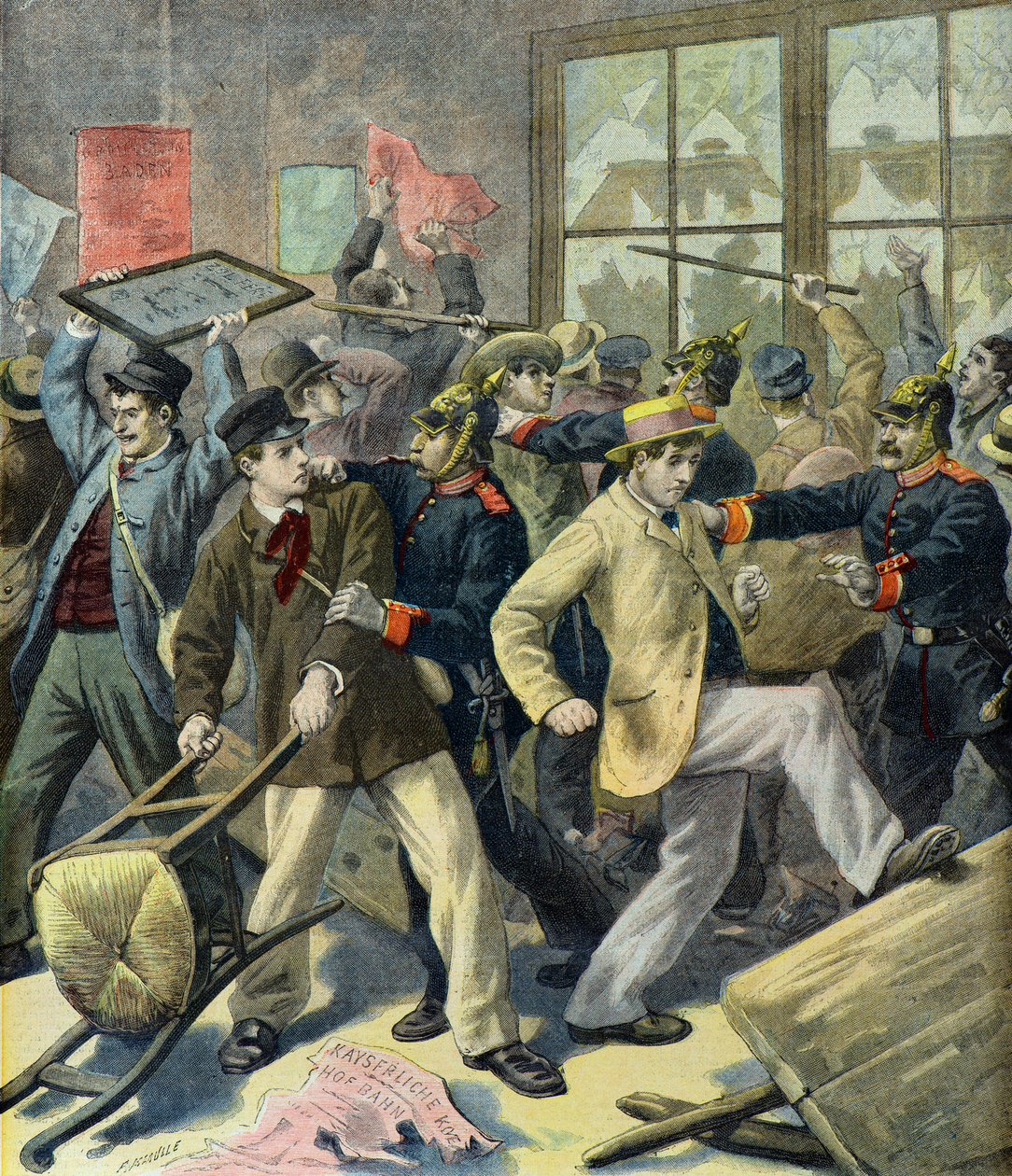 Uppror av värnpliktiga från Alsace Lorraine på tyska stationer (Gravyr) av Fortune Louis Meaulle