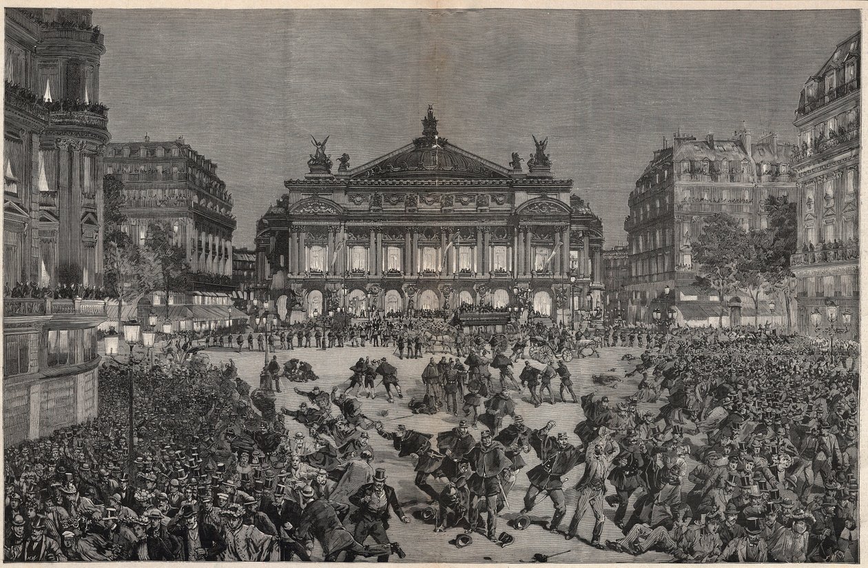 Upplopp i Paris som protesterar mot framförandet av Richard Wagners "" Lohengrin"" på Palais Garnier 1891 - Demonstration patriotique, place de l