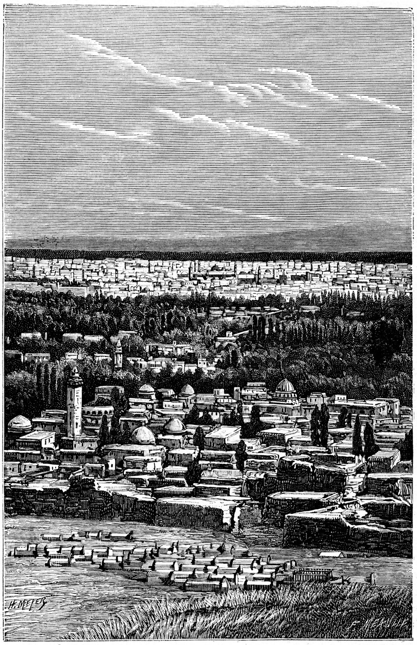 Syrien: Damaskus omkring 1900 - muslimsk kyrkogård - gravyr av Meyer och Meaulle från boken "A l