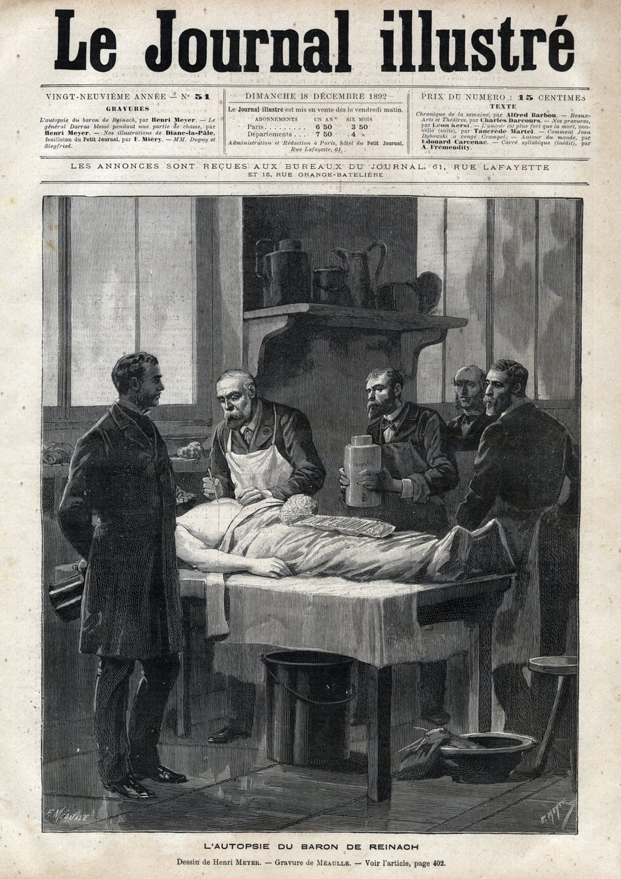 Obduktionen av baron Jacques de Reinach (1840-1892) 1892 - gravyr av Meaulle i "The Illustrous Journal" från 1892 av Fortune Louis Meaulle