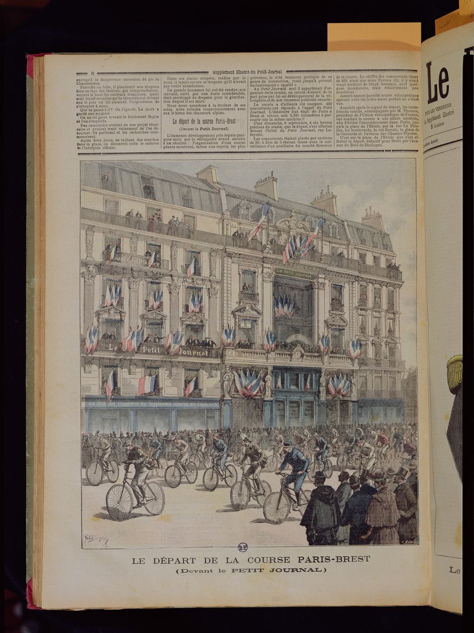 Starten av cykelloppet Paris-Brest framför "Le Petit Journal", illustration från tidningen med samma namn, 15 september 1891. av Fortune Louis Meaulle