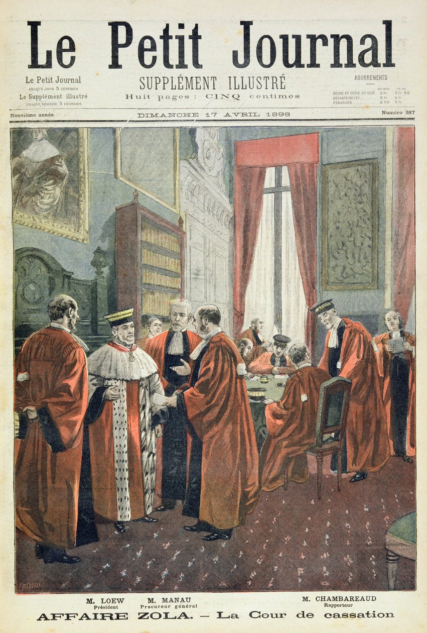 Titelsida som visar kassationsdomstolen med Mr. Loew, Mr. Chambareaud och Mr. Manau, illustration från den illustrerade bilagan till Le Petit Journal av Fortune Louis Meaulle