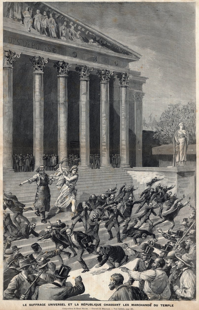 Allmän rösträtt och republiken som jagar köpmän från templet - allegori om efterdyningarna av Panamaaffären - Gravyr av Meaulle av Henri Meyer av Fortune Louis Meaulle