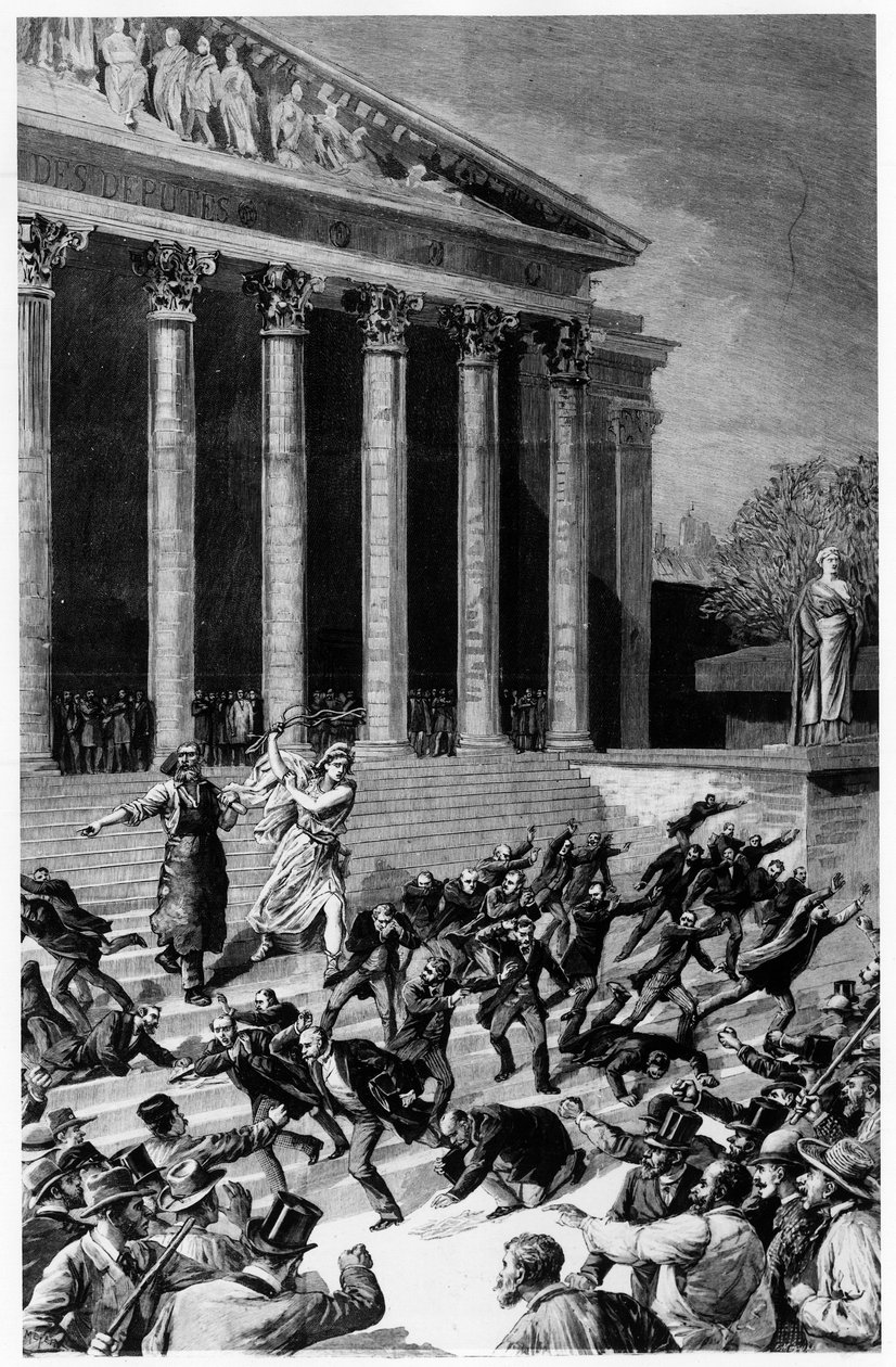 Allmän rösträtt och republiken som jagar köpmän från templet - i "" Le Journal illustré""" av 1892-12-25, komposition av Henri Meyer, gravyr av Meaulle. av Fortune Louis Meaulle