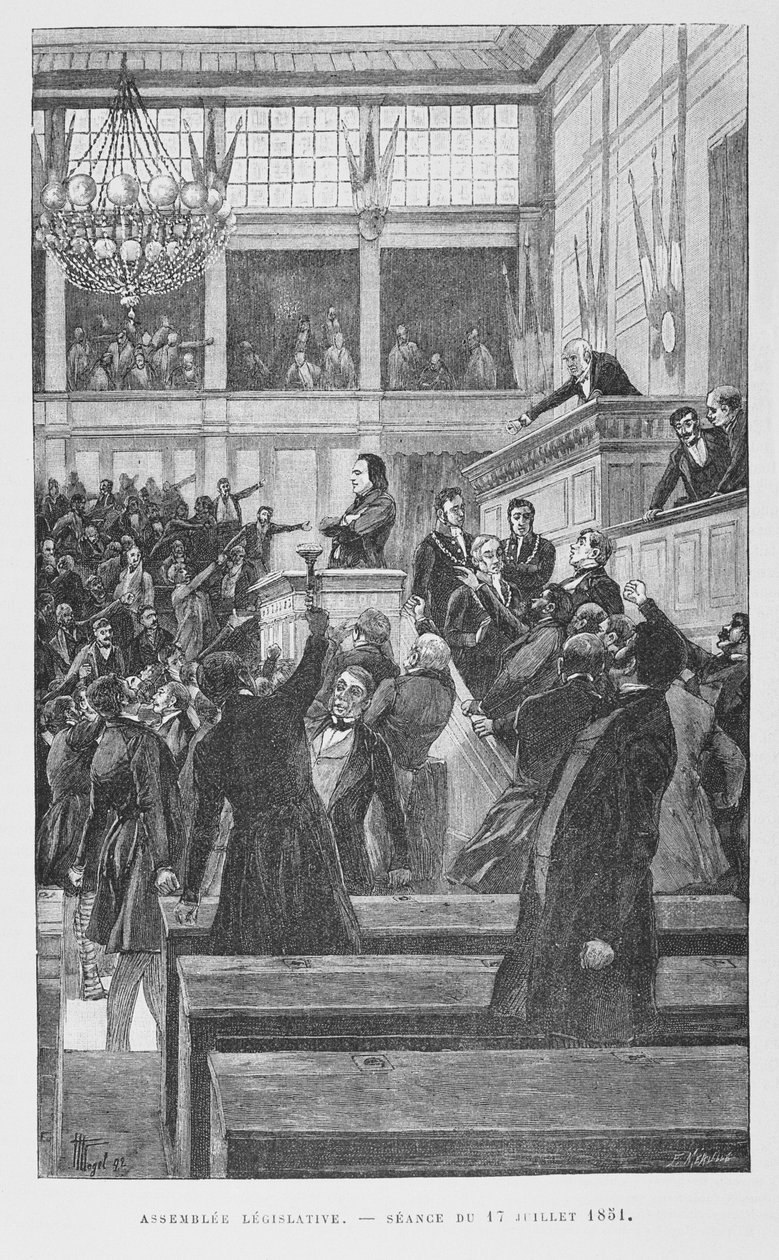 Victor Hugo (1802-85) vid den lagstiftande församlingen höll ett tal om översynen av konstitutionen den 17 juli 1851, ca. 1885 av Fortune Louis Meaulle