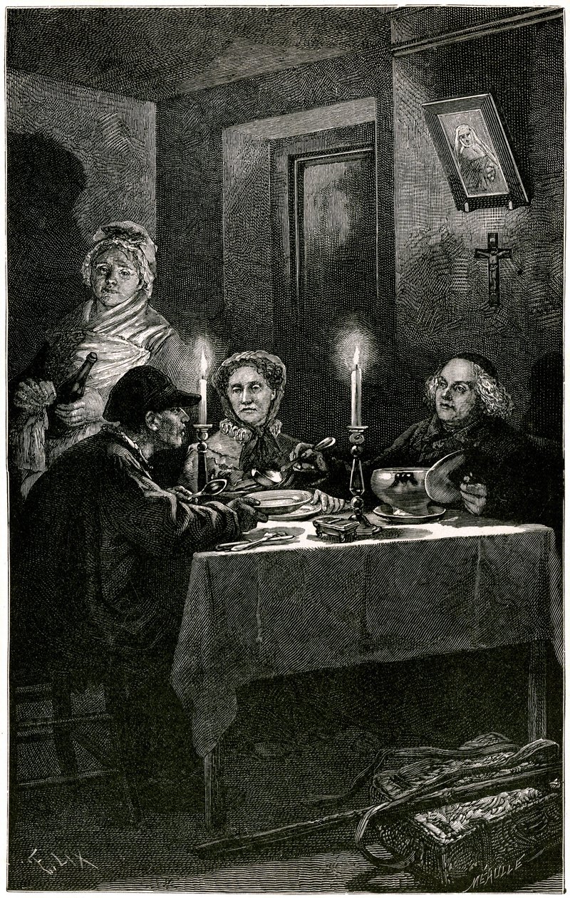 Victor Hugo "Les Miserables" Illustration av Lix graverad av Meaulle: Forcat och Eveque. Jean Valjean, till vilken eveque Myriel erbjöd sjukhuset, kommer att begå sin sista flykt: hans värds silverbestick. På bordet står de två silverljusstakarna av Fortune Louis Meaulle