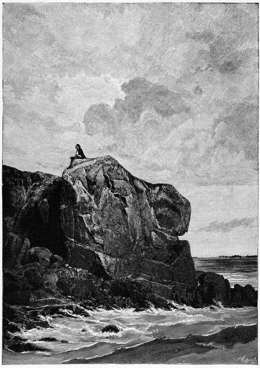 Victor Hugo i exil på Jersey 1855, på klippan Proscriit. Gravyr av Louis Fortune Meaulle (1844-1901), om vilken Hugo sa: "Jag tänker, il grave". av Fortune Louis Meaulle