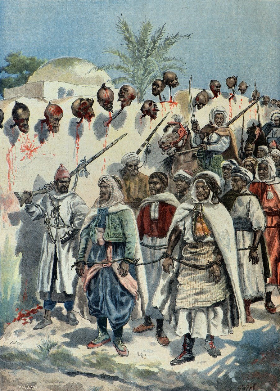 fängslade marockanska rebeller passerar förbi sina kamraters avhuggna huvuden 1897 (Gravyr) av Fortune Louis Meaulle