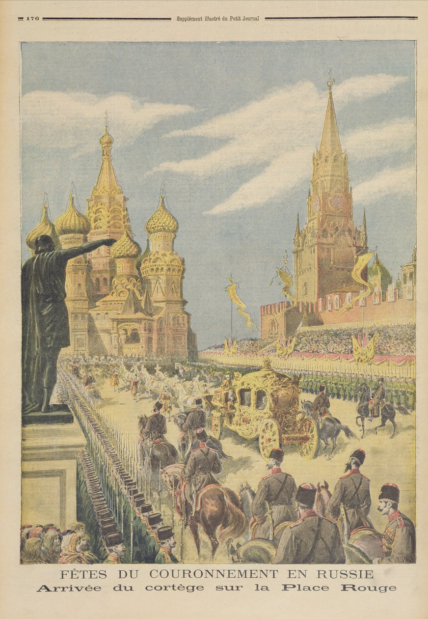 Firande för kröningen av tsar Nicholas II (1894-1917) Cortegens ankomst till Röda torget, från "Le Petit Journal", 31 maj 1896 av Fortune Louis Meaulle and Henri Meyer