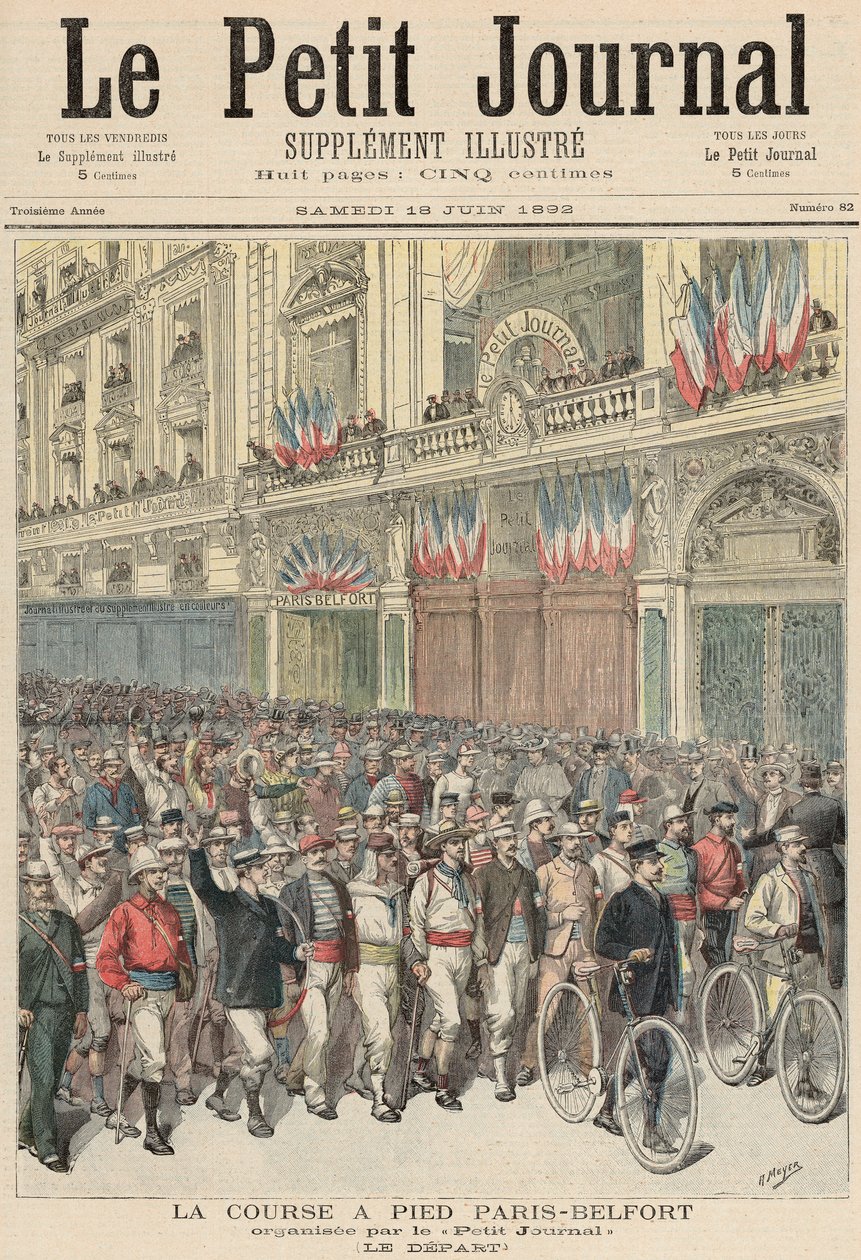Starten av vägloppet från Paris till Belfort, från "Le Petit Journal", 18 juni 1892. av Fortune Louis Meaulle and Henri Meyer