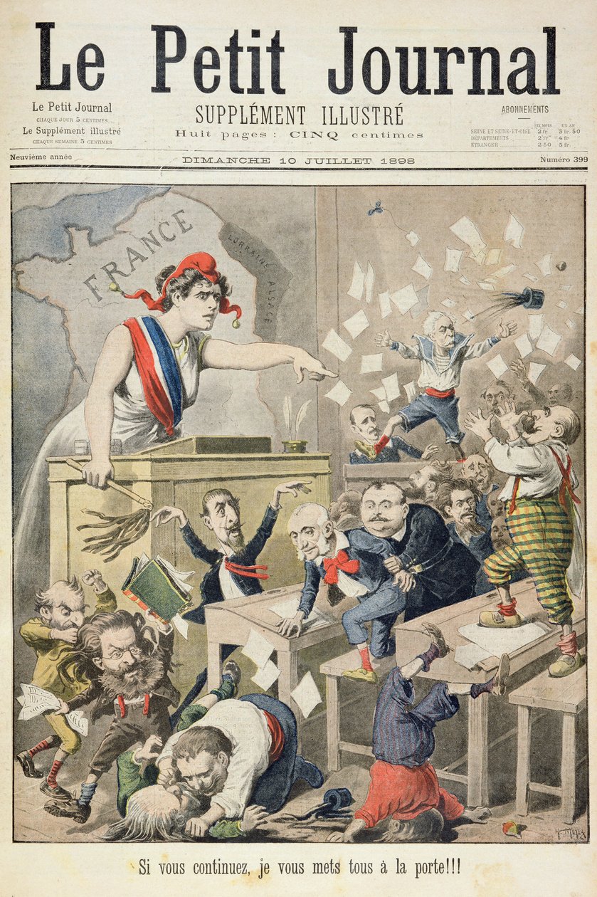 Titelsida som visar ett bråk i deputeradehuset, illustration från det illustrerade tillägget till Le Petit Journal, 10 juli 1898 av Fortune Louis Meaulle and Henri Meyer